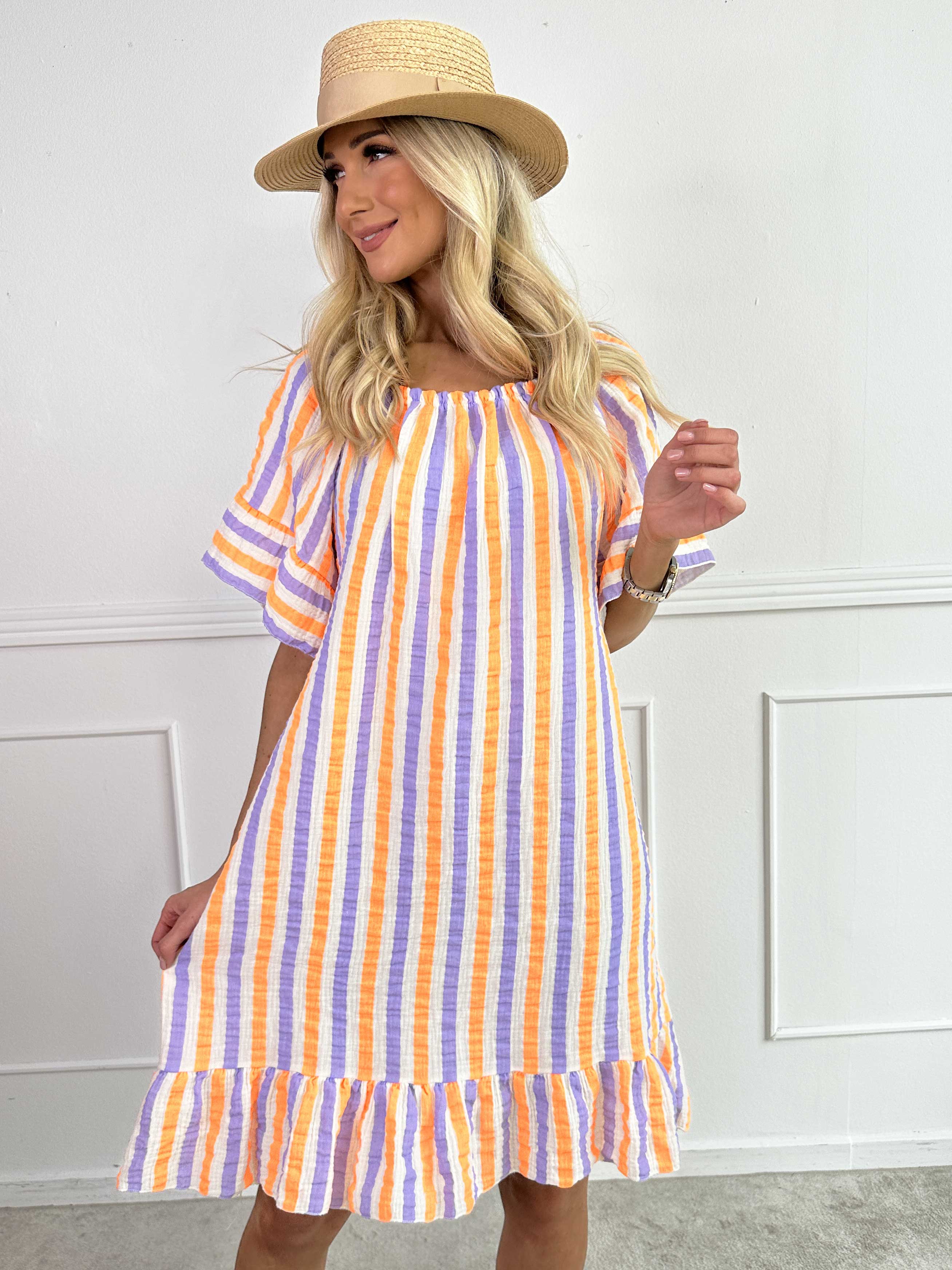 Elsie - Stribet kjole i blødt bomulds bæk og bølge stof